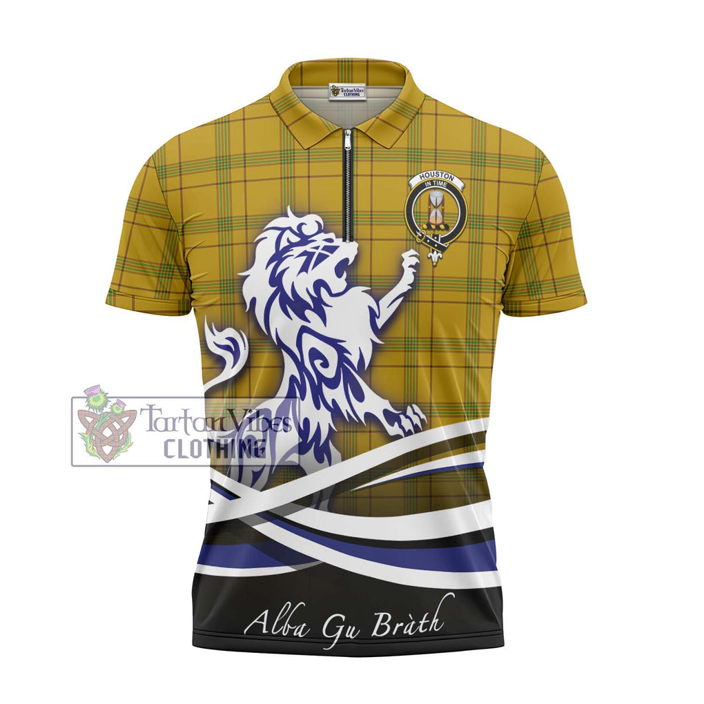 Houston Tartan Zipper Polo Shirt with Alba Gu Brath Regal Lion Emblem - Tartanvibesclothing Shop