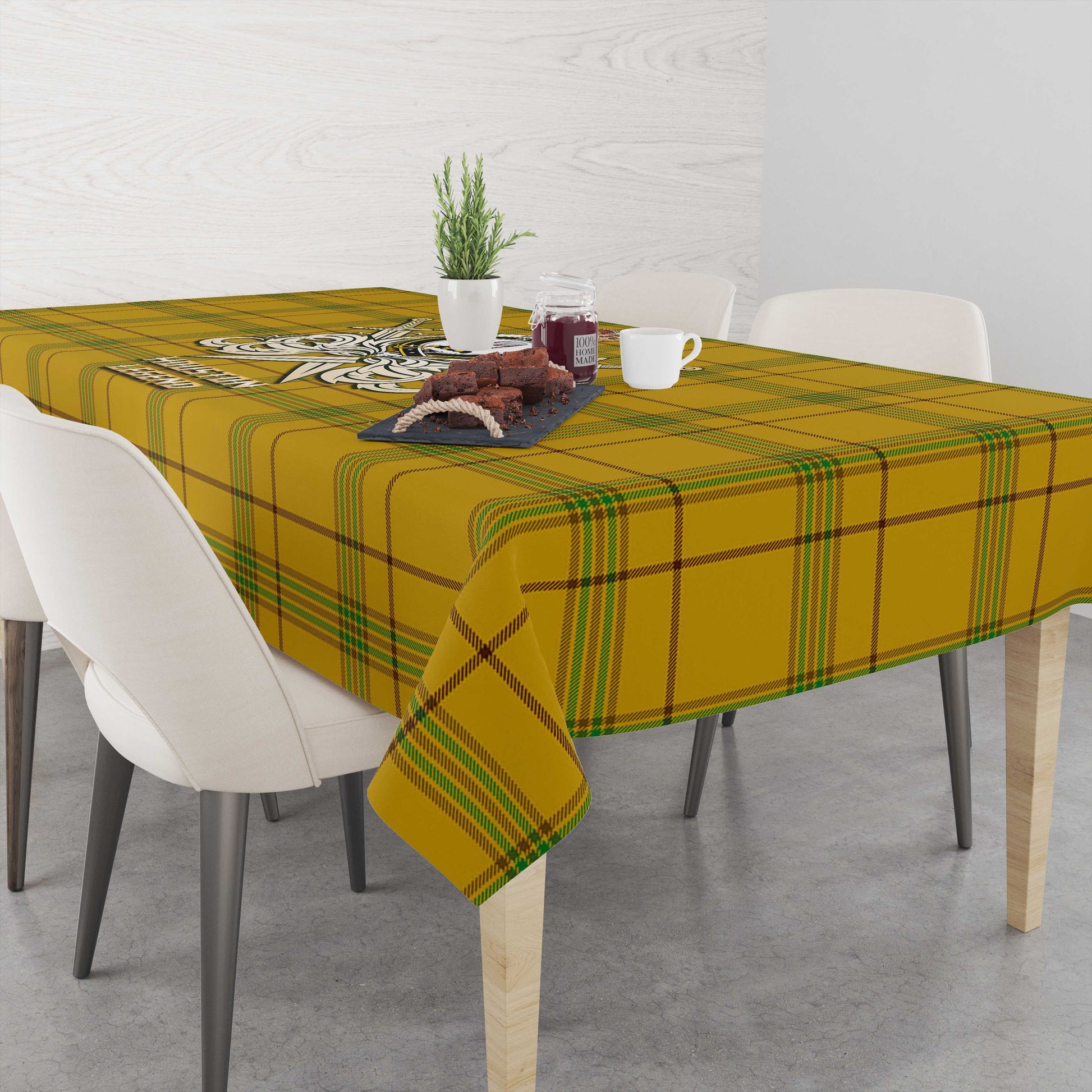 Tartan Vibes Clothing Houston Tartan Tablecloth with Clan Crest and the Golden Sword of Courageous Legacy