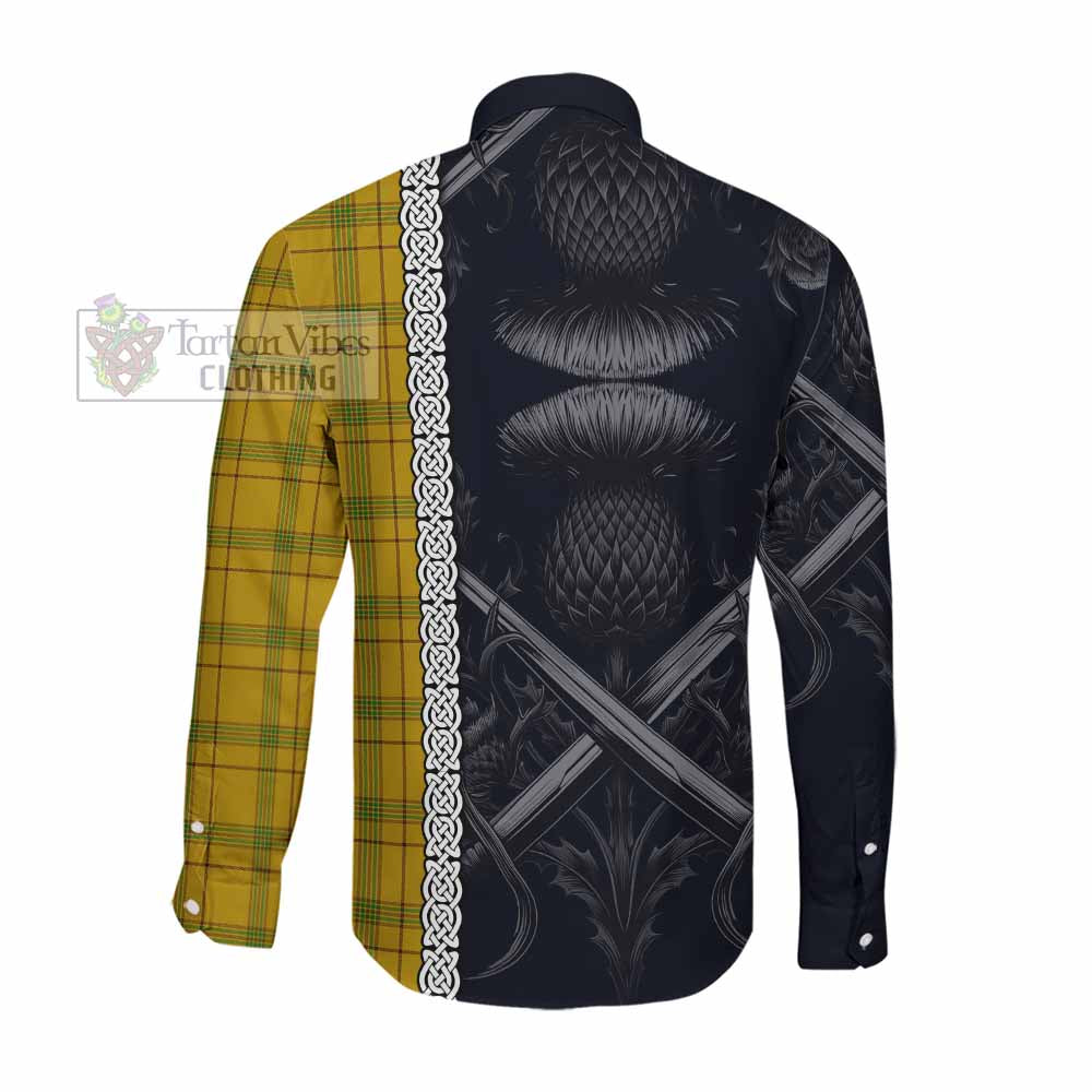 Tartan Vibes Clothing Houston Tartan Long Sleeve Button Shirt with Family Crest Cross Sword Thistle Celtic Vibes