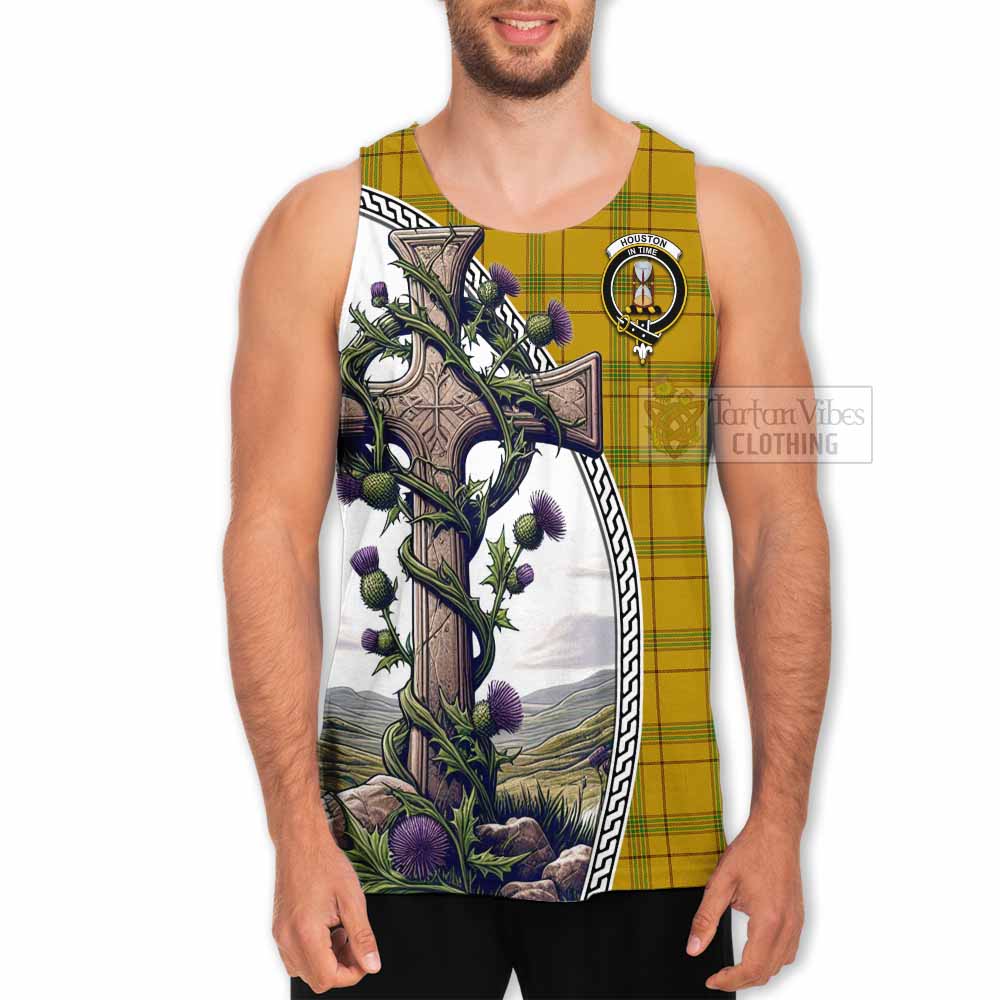 Tartan Vibes Clothing Houston Tartan Men's Tank Top with Family Crest and St. Andrew's Cross Accented by Thistle Vines