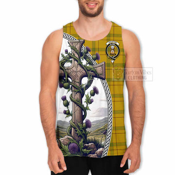 Houston Tartan Men's Tank Top with Family Crest and St. Andrew's Cross Accented by Thistle Vines