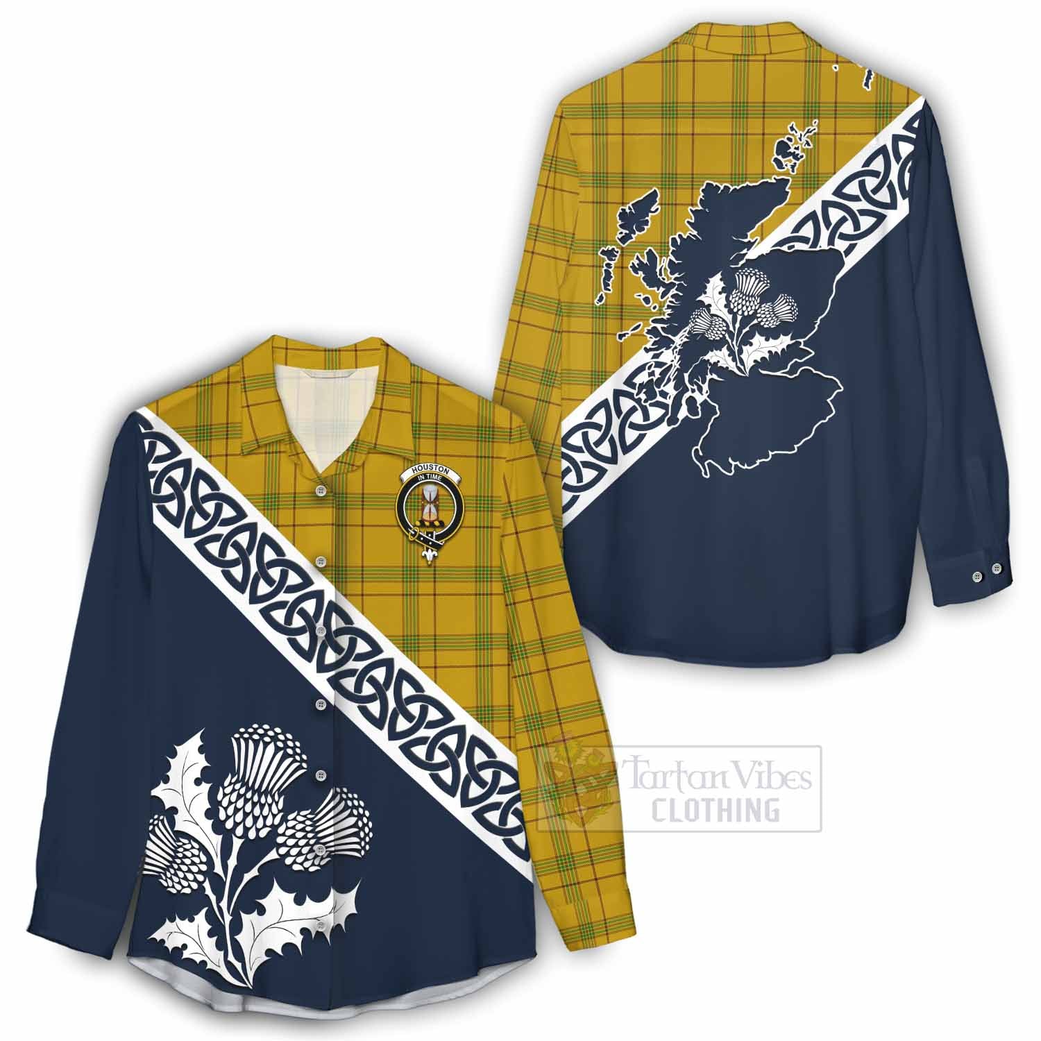 Tartan Vibes Clothing Houston Tartan Women's Casual Shirt Featuring Thistle and Scotland Map