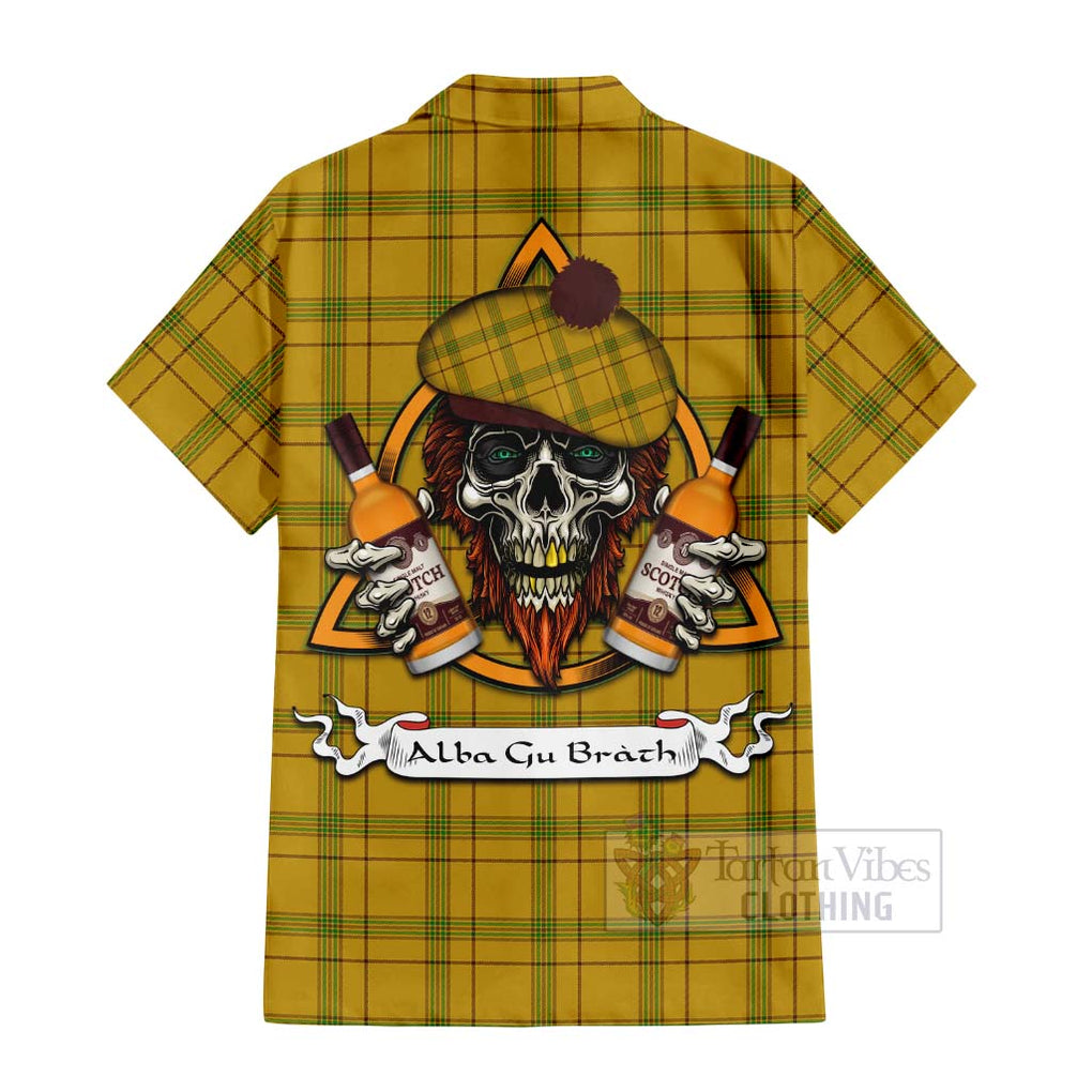 Tartan Vibes Clothing Houston Tartan Short Sleeve Button Shirt with Family Crest and Bearded Skull Holding Bottles of Whiskey