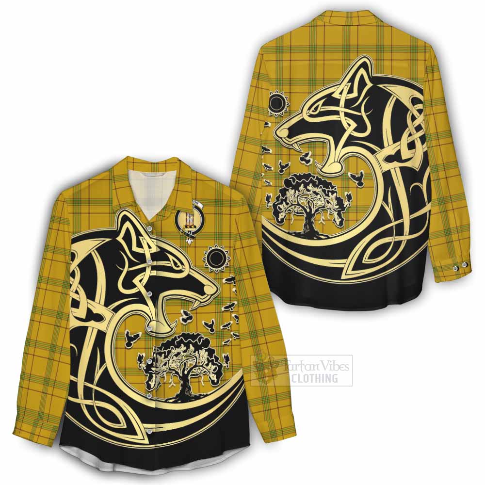 Tartan Vibes Clothing Houston Tartan Women's Casual Shirt with Family Crest Celtic Wolf Style