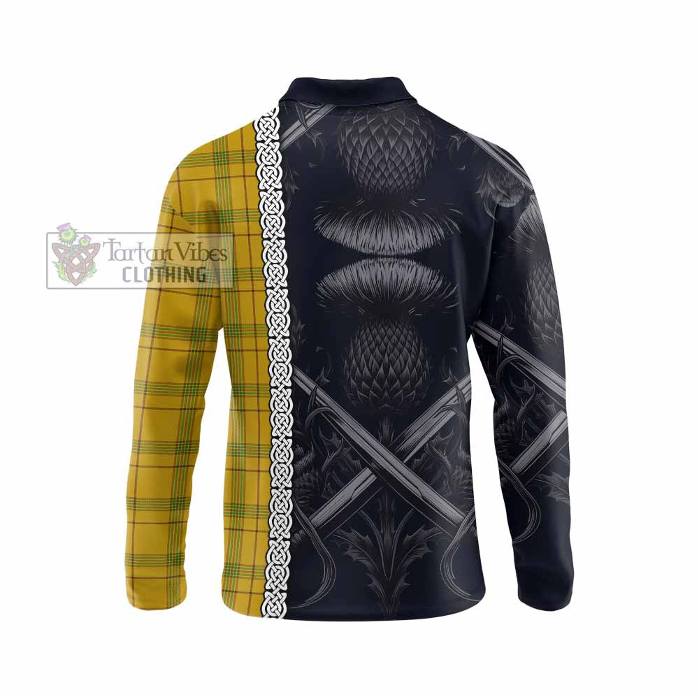 Tartan Vibes Clothing Houston Tartan Long Sleeve Polo Shirt with Family Crest Cross Sword Thistle Celtic Vibes