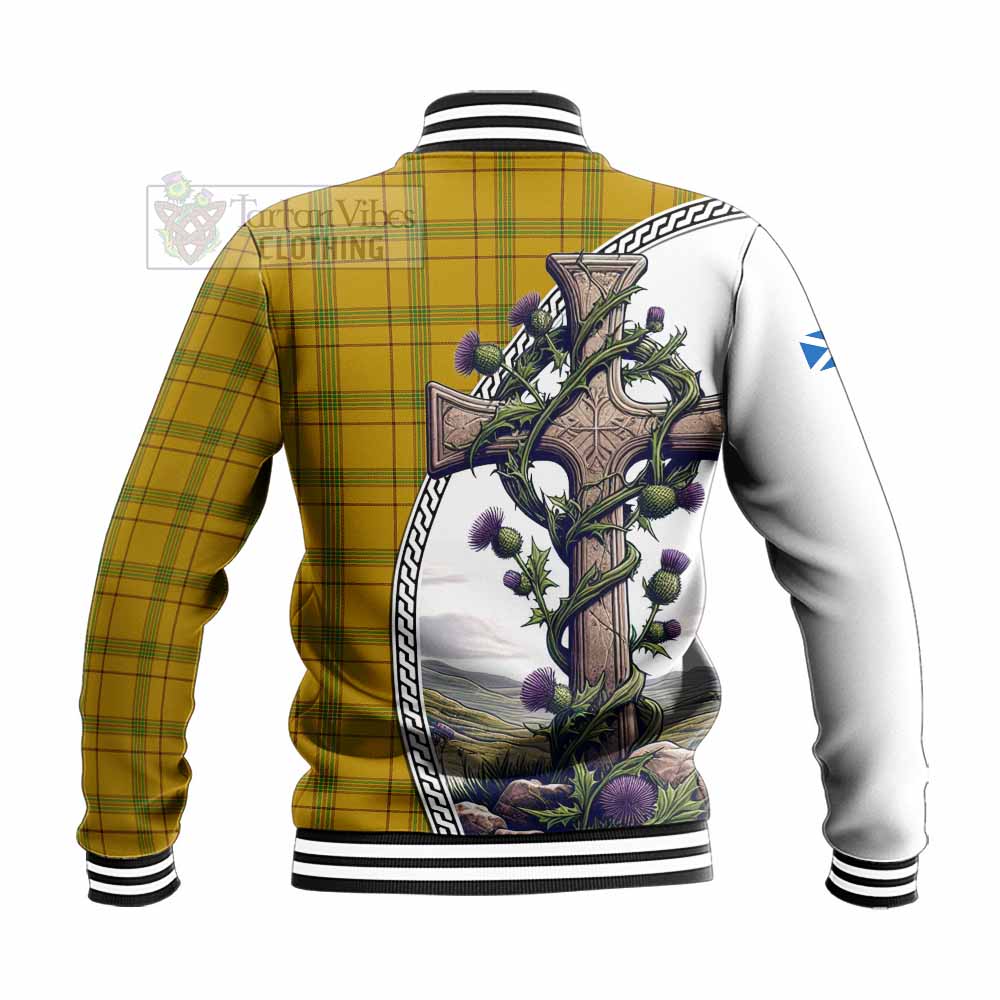 Tartan Vibes Clothing Houston Tartan Baseball Jacket with Family Crest and St. Andrew's Cross Accented by Thistle Vines