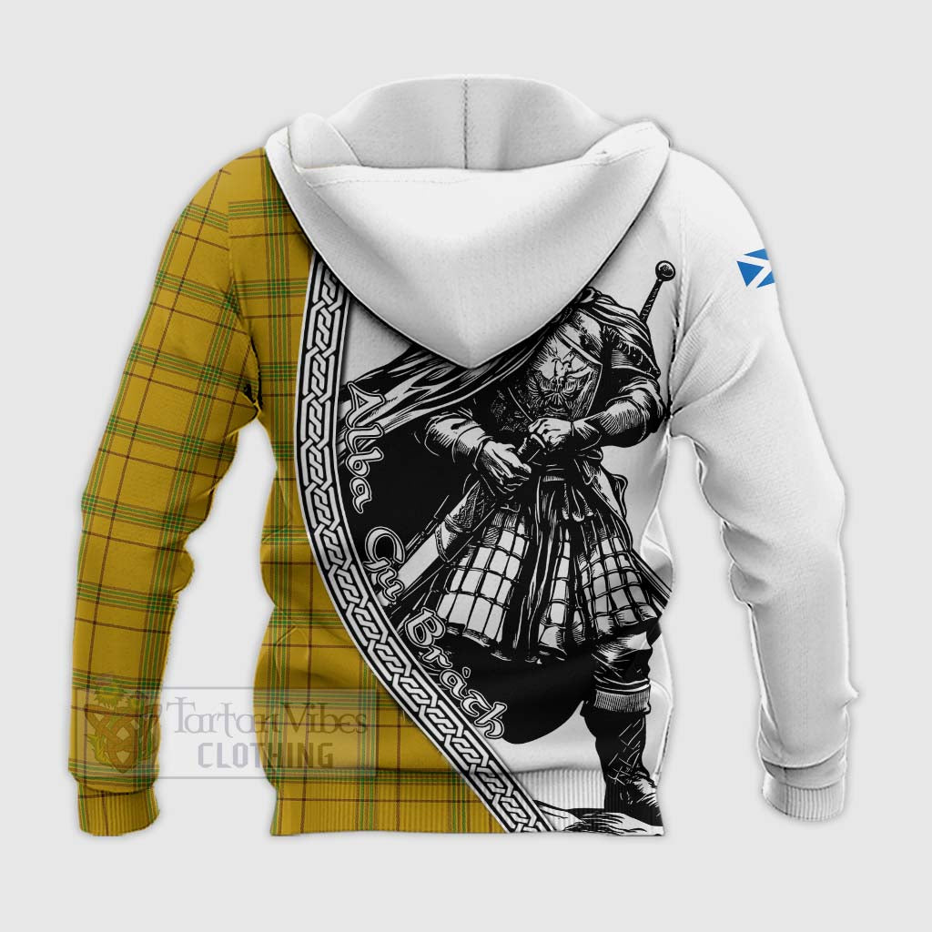 Tartan Vibes Clothing Houston Tartan Clan Crest Knitted Hoodie with Highlander Warrior Celtic Style