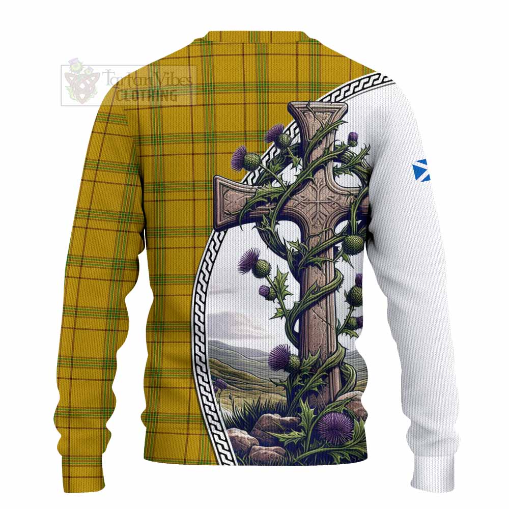 Tartan Vibes Clothing Houston Tartan Knitted Sweater with Family Crest and St. Andrew's Cross Accented by Thistle Vines