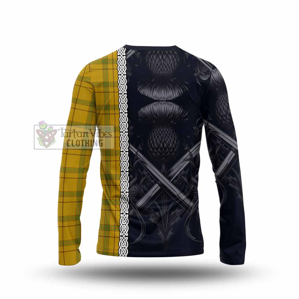 Tartan Vibes Clothing Houston Tartan Long Sleeve T-Shirt with Family Crest Cross Sword Thistle Celtic Vibes