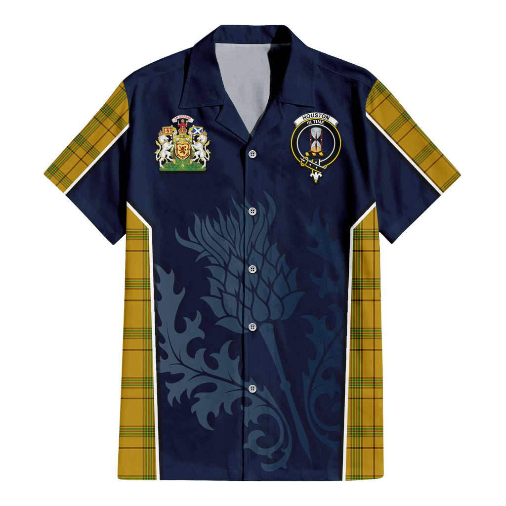 Tartan Vibes Clothing Houston Tartan Short Sleeve Button Up Shirt with Family Crest and Scottish Thistle Vibes Sport Style