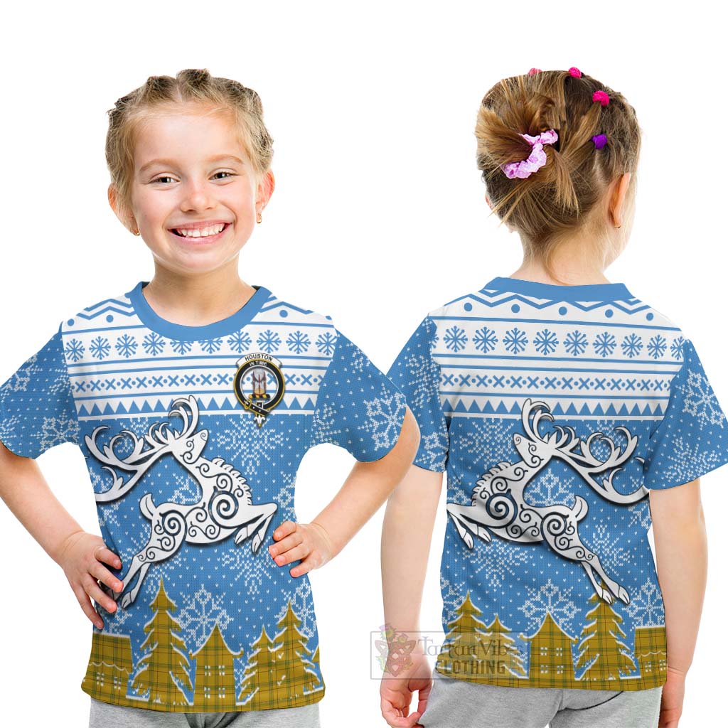 Tartan Vibes Clothing Houston Clan Christmas Kid T-Shirt Celtic Reindeer Style