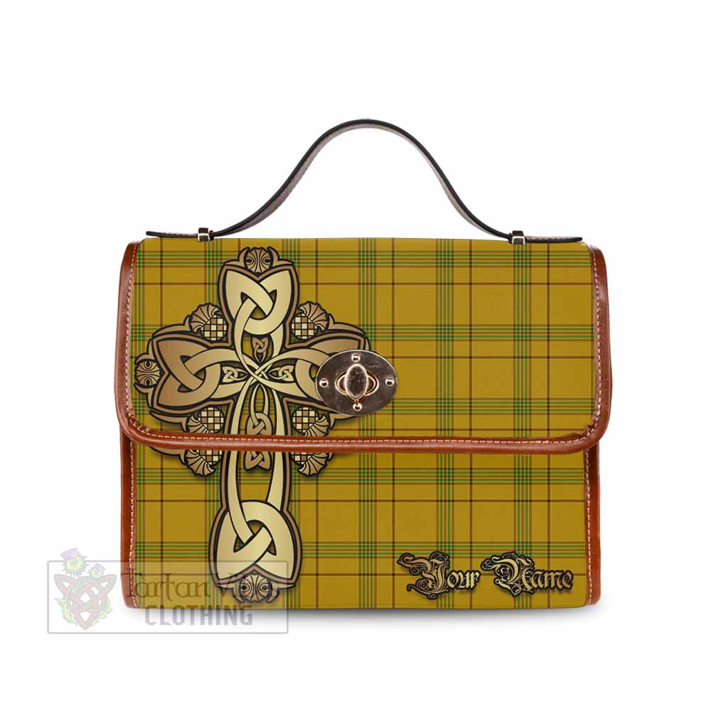 Tartan Vibes Clothing Houston Tartan Waterproof Canvas Bag Golden Thistle Celtic Cross Style