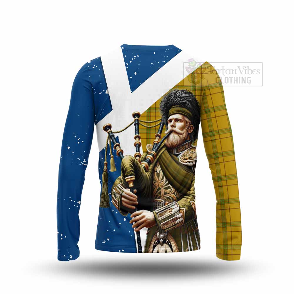 Tartan Vibes Clothing Houston Tartan Long Sleeve T-Shirt with Family Crest Scottish Bagpiper Vibes