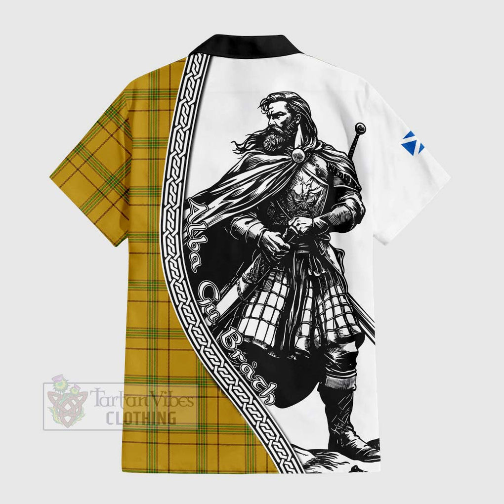 Tartan Vibes Clothing Houston Tartan Clan Crest Short Sleeve Button Shirt with Highlander Warrior Celtic Style