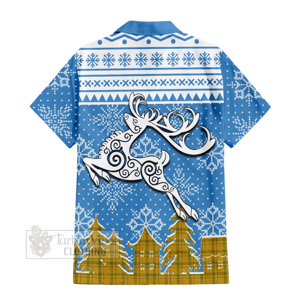 Tartan Vibes Clothing Houston Clan Christmas Short Sleeve Button Shirt Celtic Reindeer Style