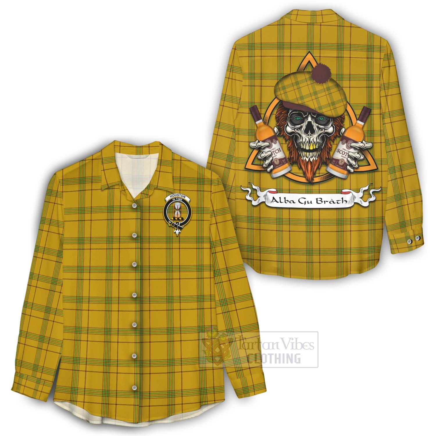 Tartan Vibes Clothing Houston Tartan Women's Casual Shirt with Family Crest and Bearded Skull Holding Bottles of Whiskey