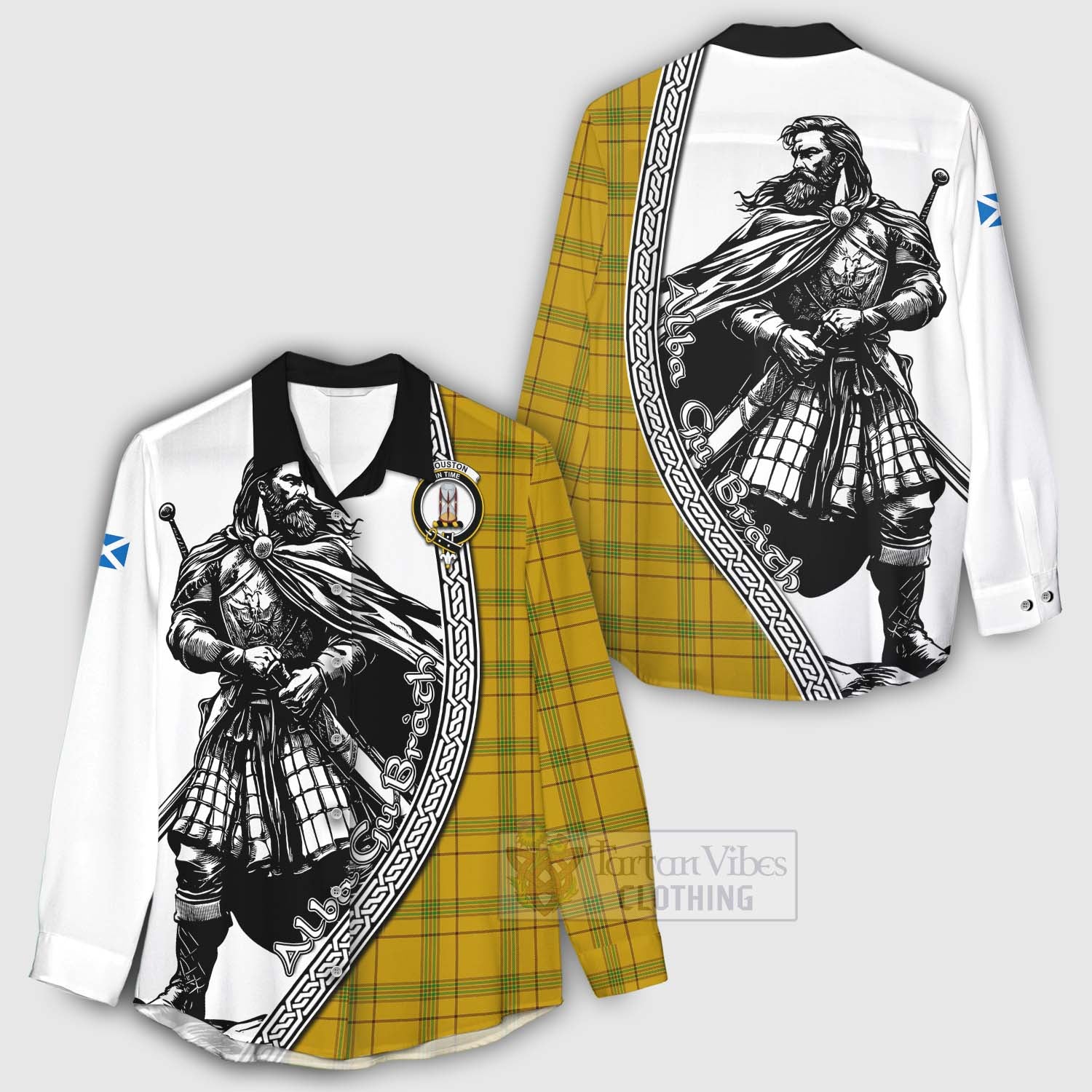 Tartan Vibes Clothing Houston Tartan Clan Crest Women's Casual Shirt with Highlander Warrior Celtic Style