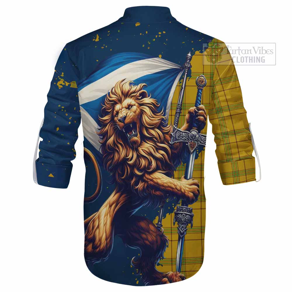 Tartan Vibes Clothing Houston Tartan Family Crest Ghillie Kilt Shirt with Scottish Majestic Lion