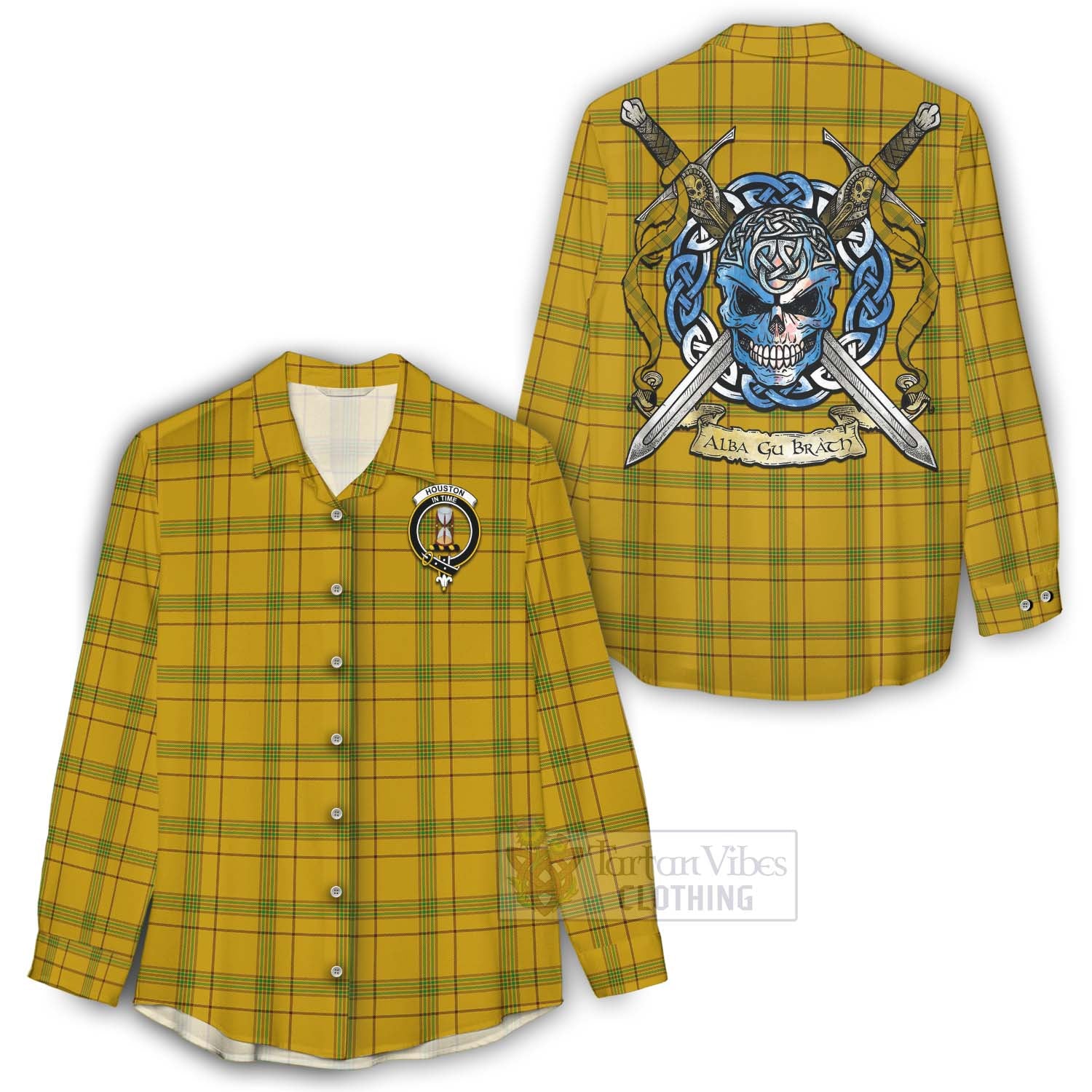 Tartan Vibes Clothing Houston Tartan Women's Casual Shirt with Family Crest Celtic Skull Style