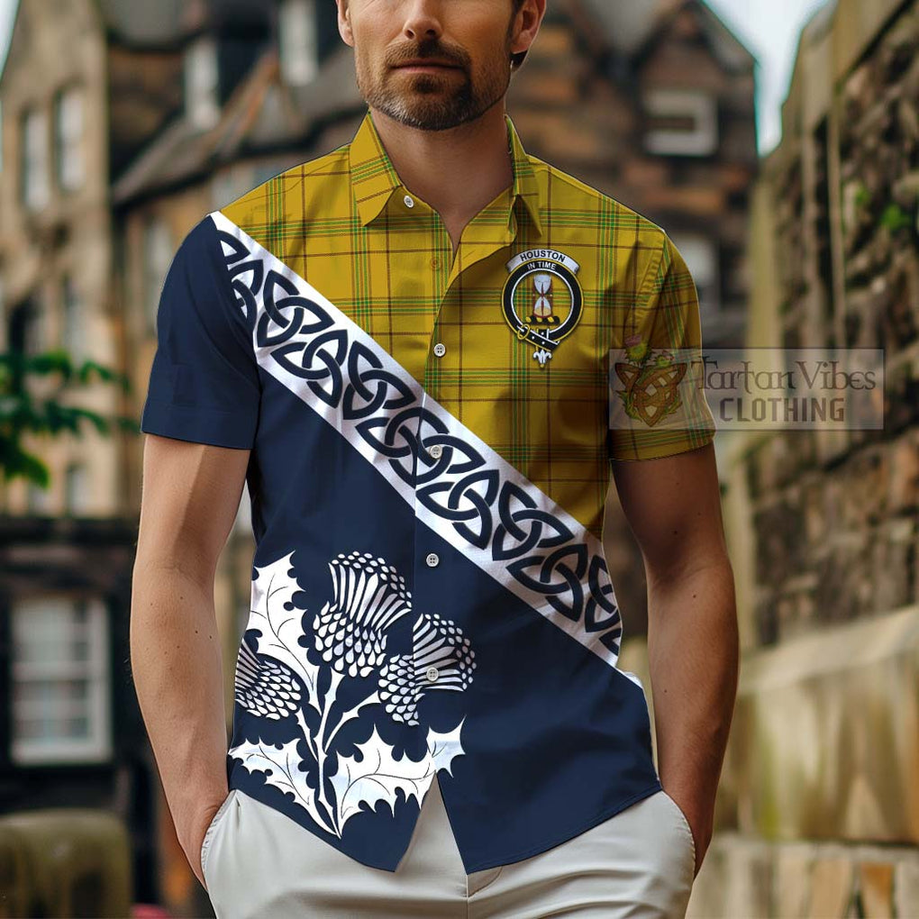 Tartan Vibes Clothing Houston Tartan Short Sleeve Button Shirt Featuring Thistle and Scotland Map