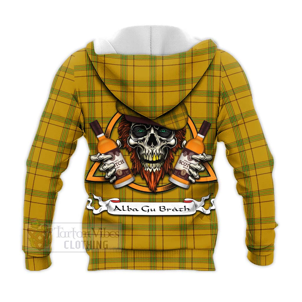 Tartan Vibes Clothing Houston Tartan Knitted Hoodie with Family Crest and Bearded Skull Holding Bottles of Whiskey