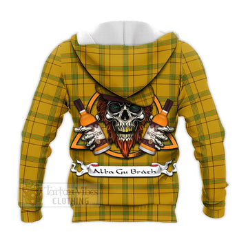 Houston Tartan Knitted Hoodie with Family Crest and Bearded Skull Holding Bottles of Whiskey