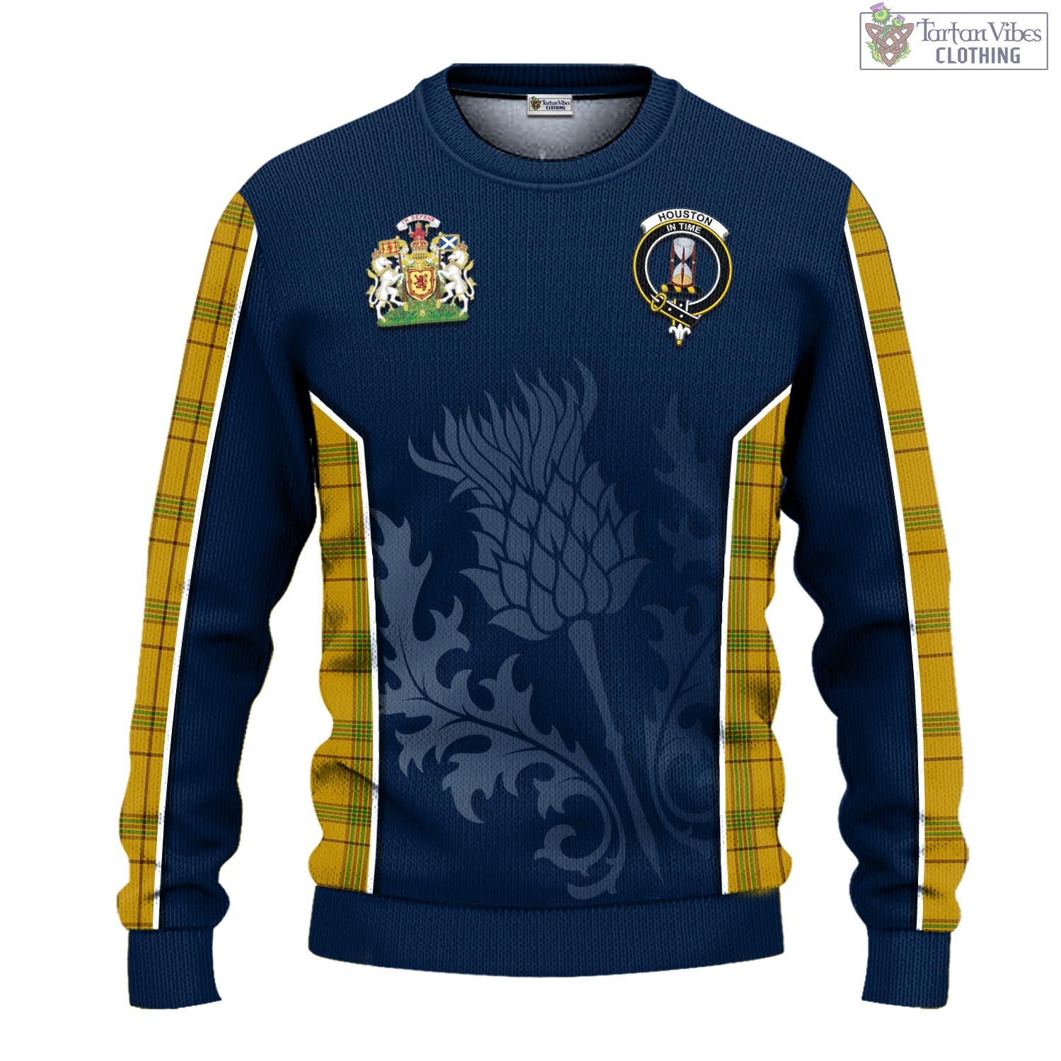 Tartan Vibes Clothing Houston Tartan Knitted Sweatshirt with Family Crest and Scottish Thistle Vibes Sport Style