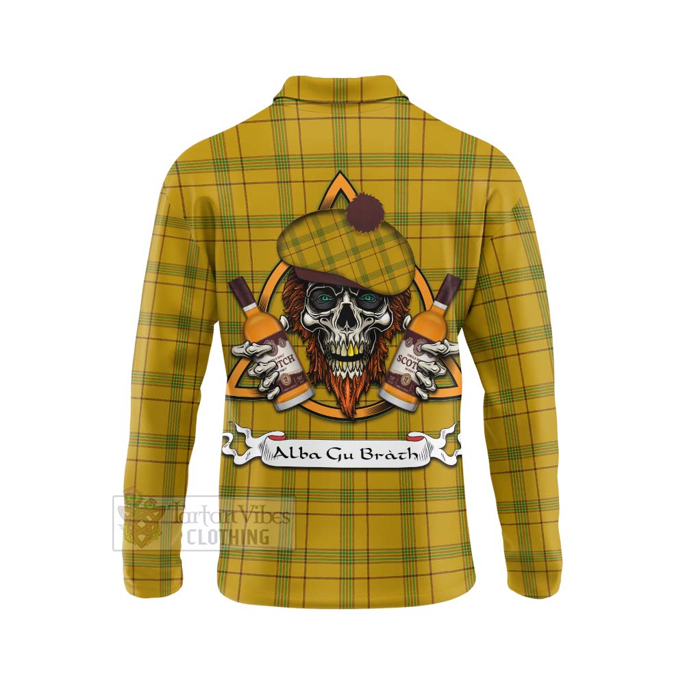 Tartan Vibes Clothing Houston Tartan Long Sleeve Polo Shirt with Family Crest and Bearded Skull Holding Bottles of Whiskey