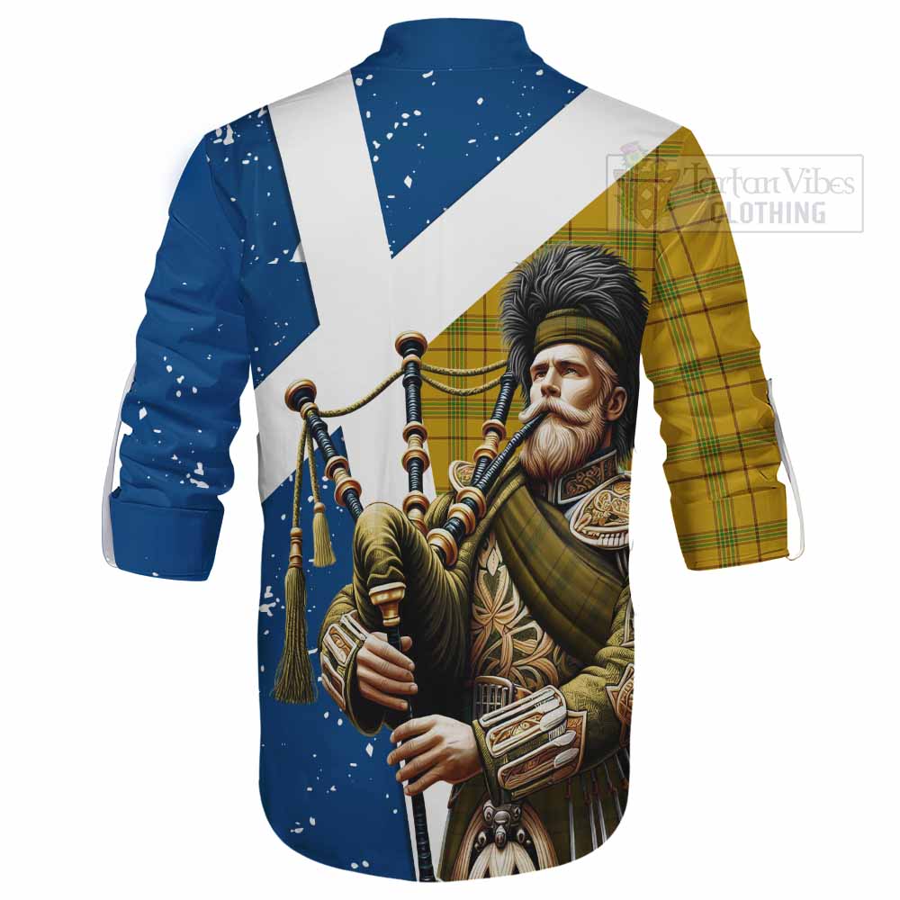 Tartan Vibes Clothing Houston Tartan Ghillie Kilt Shirt with Family Crest Scottish Bagpiper Vibes