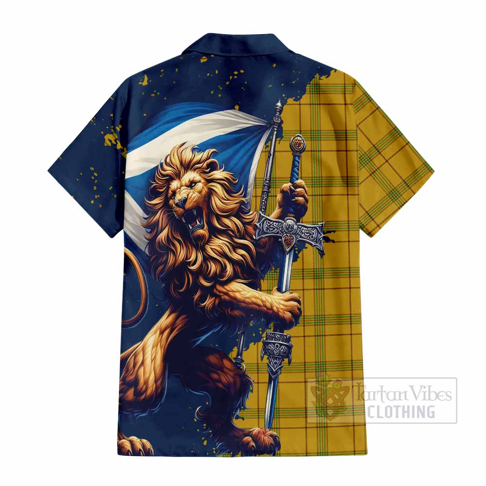 Tartan Vibes Clothing Houston Tartan Family Crest Short Sleeve Button Shirt with Scottish Majestic Lion