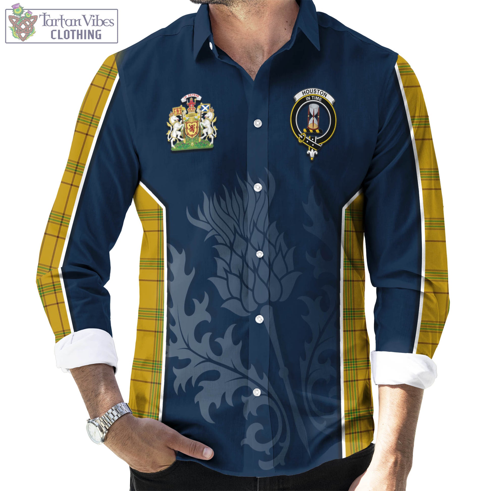 Tartan Vibes Clothing Houston Tartan Long Sleeve Button Up Shirt with Family Crest and Scottish Thistle Vibes Sport Style