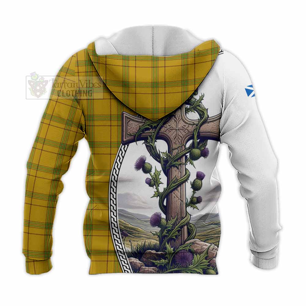 Tartan Vibes Clothing Houston Tartan Knitted Hoodie with Family Crest and St. Andrew's Cross Accented by Thistle Vines