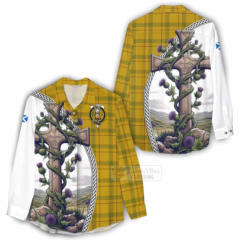 Tartan Vibes Clothing Houston Tartan Women's Casual Shirt with Family Crest and St. Andrew's Cross Accented by Thistle Vines