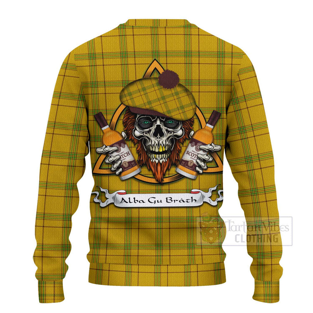 Tartan Vibes Clothing Houston Tartan Knitted Sweater with Family Crest and Bearded Skull Holding Bottles of Whiskey