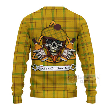 Houston Tartan Ugly Sweater with Family Crest and Bearded Skull Holding Bottles of Whiskey