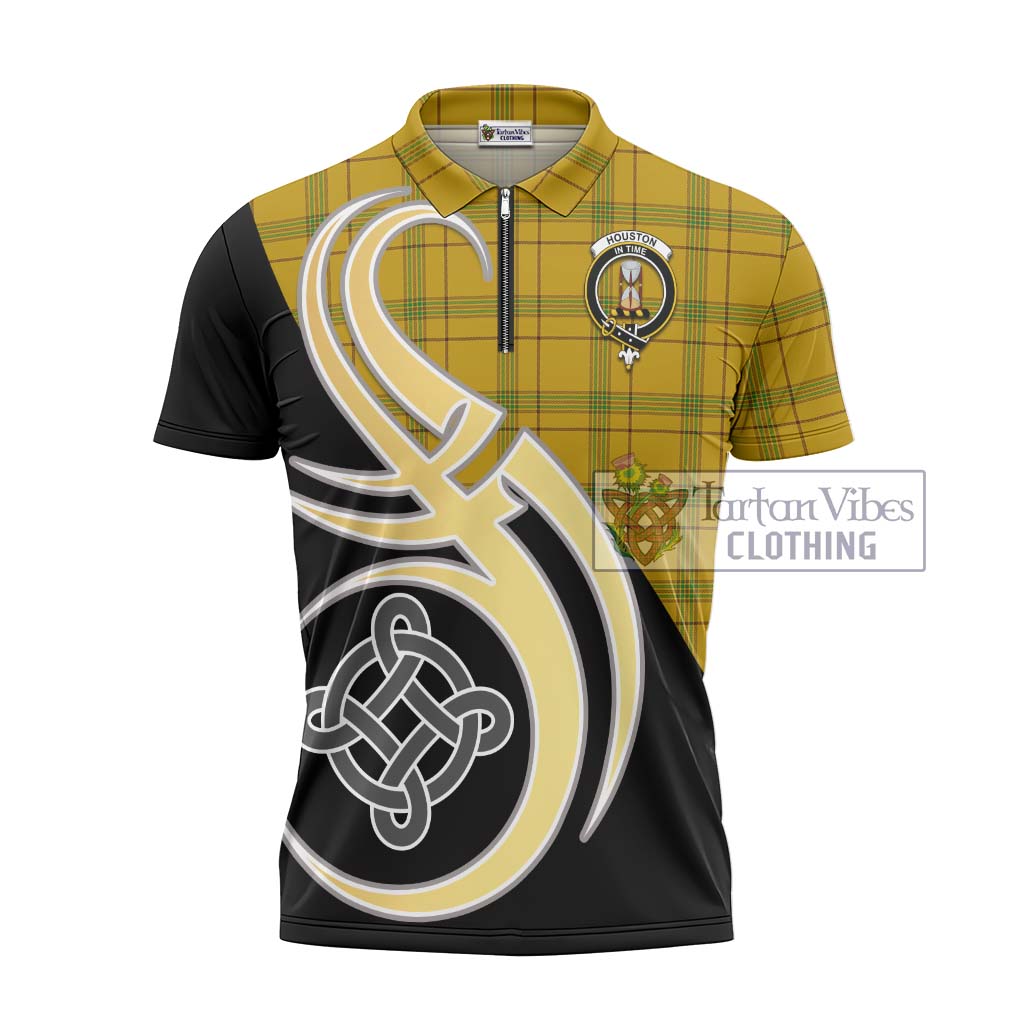 Tartan Vibes Clothing Houston Tartan Zipper Polo Shirt with Family Crest and Celtic Symbol Style