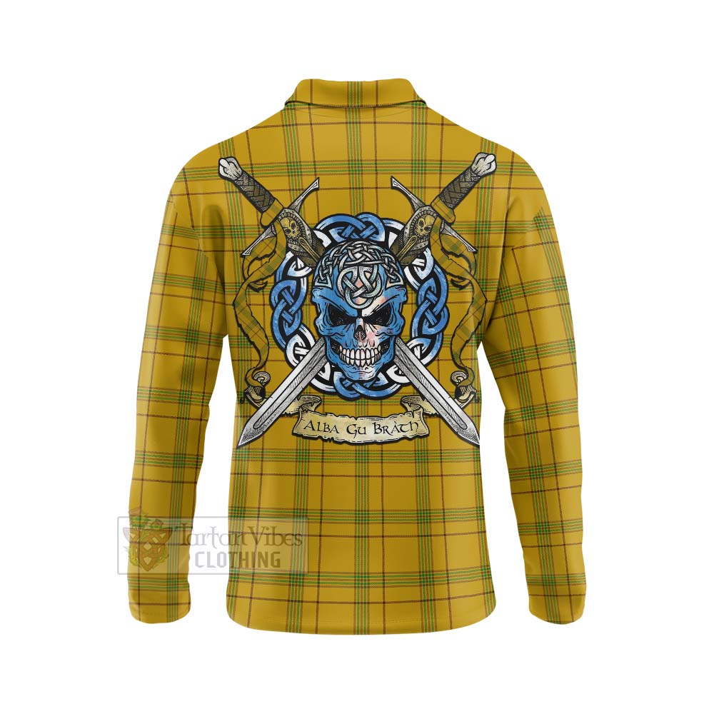 Tartan Vibes Clothing Houston Tartan Long Sleeve Polo Shirt with Family Crest Celtic Skull Style