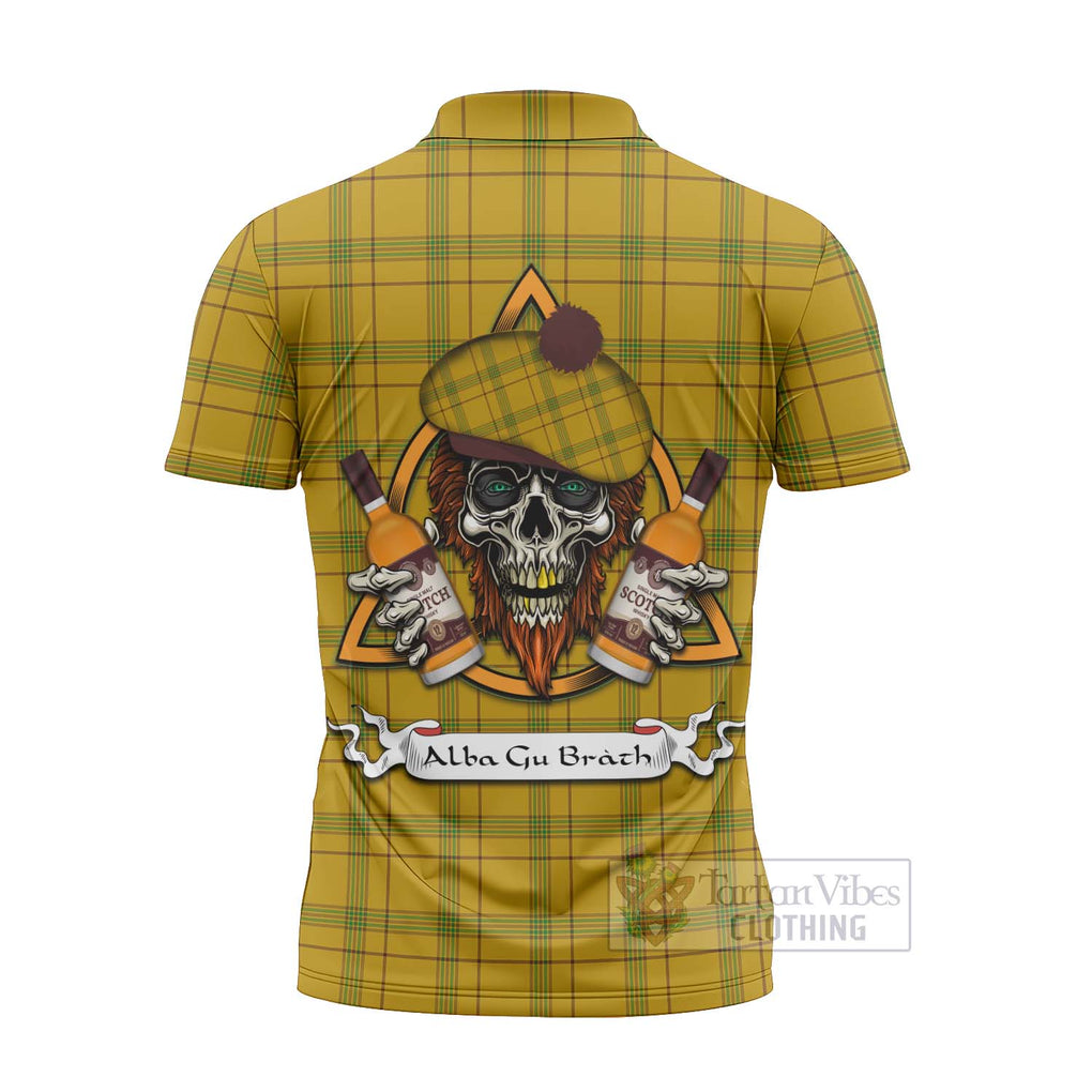 Tartan Vibes Clothing Houston Tartan Zipper Polo Shirt with Family Crest and Bearded Skull Holding Bottles of Whiskey