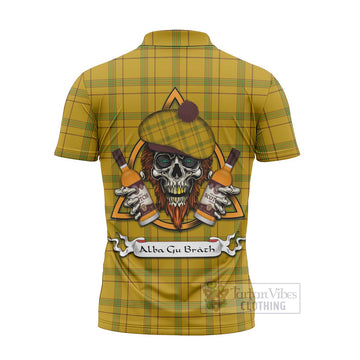 Houston Tartan Zipper Polo Shirt with Family Crest and Bearded Skull Holding Bottles of Whiskey