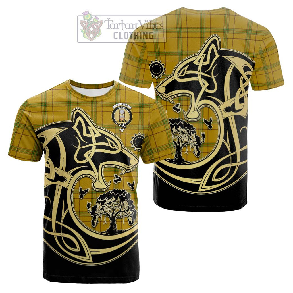 Tartan Vibes Clothing Houston Tartan Cotton T-shirt with Family Crest Celtic Wolf Style