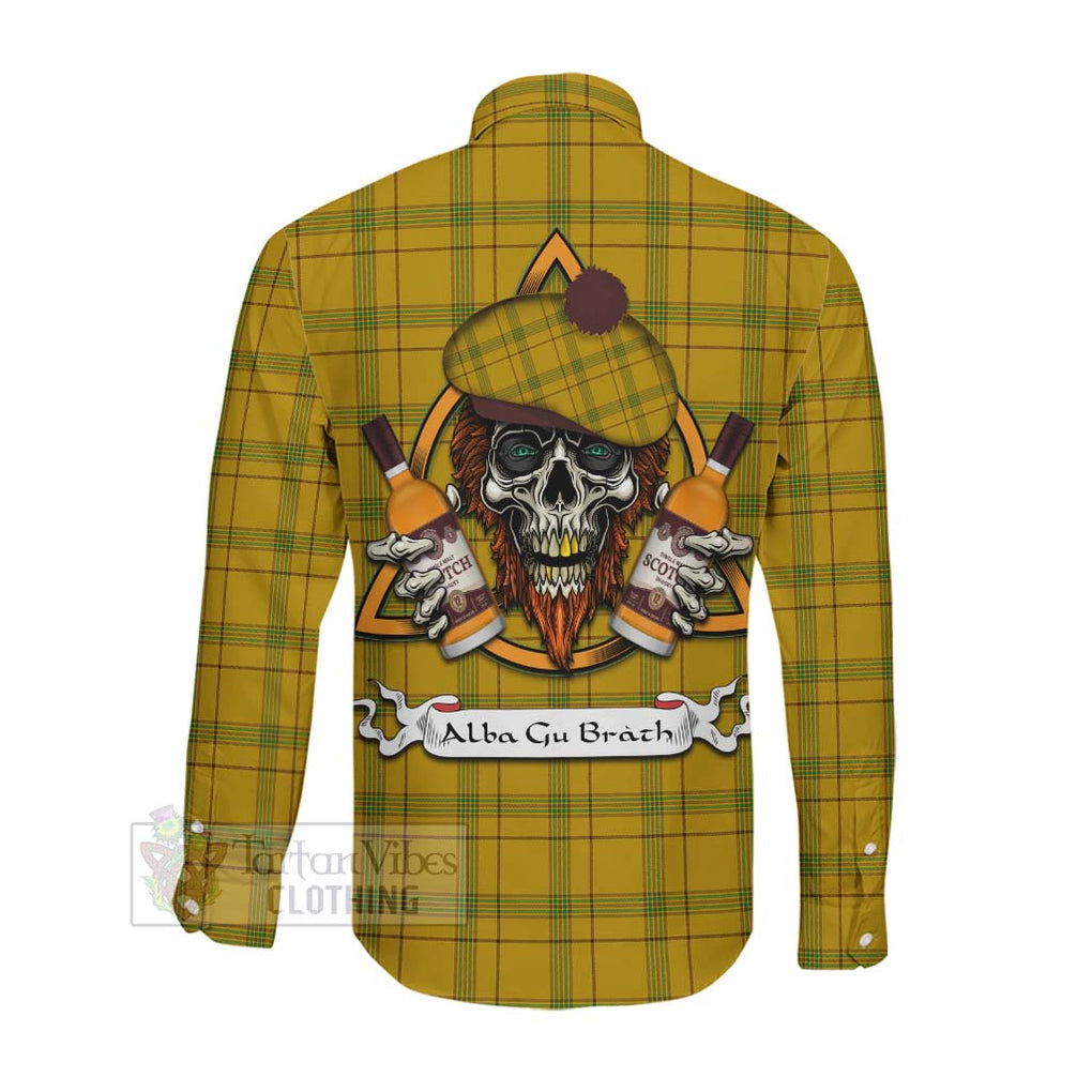 Tartan Vibes Clothing Houston Tartan Long Sleeve Button Shirt with Family Crest and Bearded Skull Holding Bottles of Whiskey