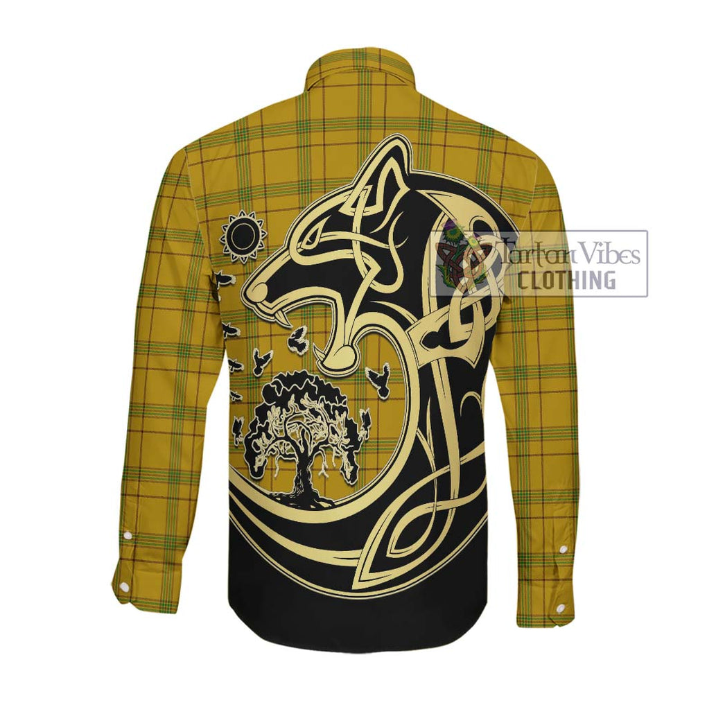 Houston Tartan Long Sleeve Button Shirt with Family Crest Celtic Wolf Style Men's Shirt - Tartan Vibes Clothing