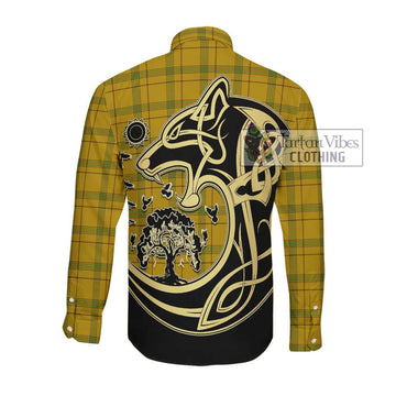 Houston Tartan Long Sleeve Button Shirt with Family Crest Celtic Wolf Style