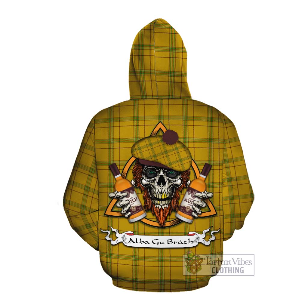 Tartan Vibes Clothing Houston Tartan Cotton Hoodie with Family Crest and Bearded Skull Holding Bottles of Whiskey