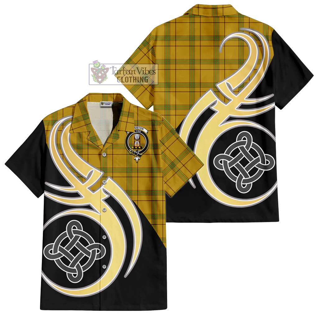 Tartan Vibes Clothing Houston Tartan Short Sleeve Button Shirt with Family Crest and Celtic Symbol Style