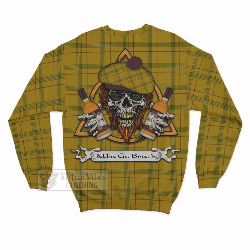 Tartan Vibes Clothing Houston Tartan Sweatshirt with Family Crest and Bearded Skull Holding Bottles of Whiskey