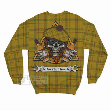 Houston Tartan Sweatshirt with Family Crest and Bearded Skull Holding Bottles of Whiskey