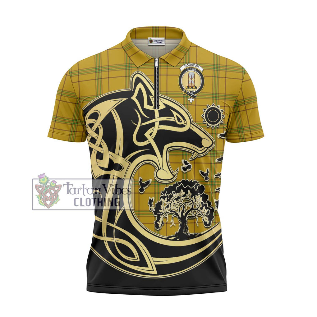 Houston Tartan Zipper Polo Shirt with Family Crest Celtic Wolf Style - Tartanvibesclothing Shop