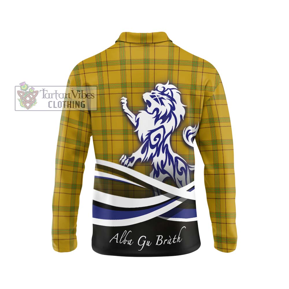 Houston Tartan Long Sleeve Polo Shirt with Alba Gu Brath Regal Lion Emblem - Tartanvibesclothing Shop