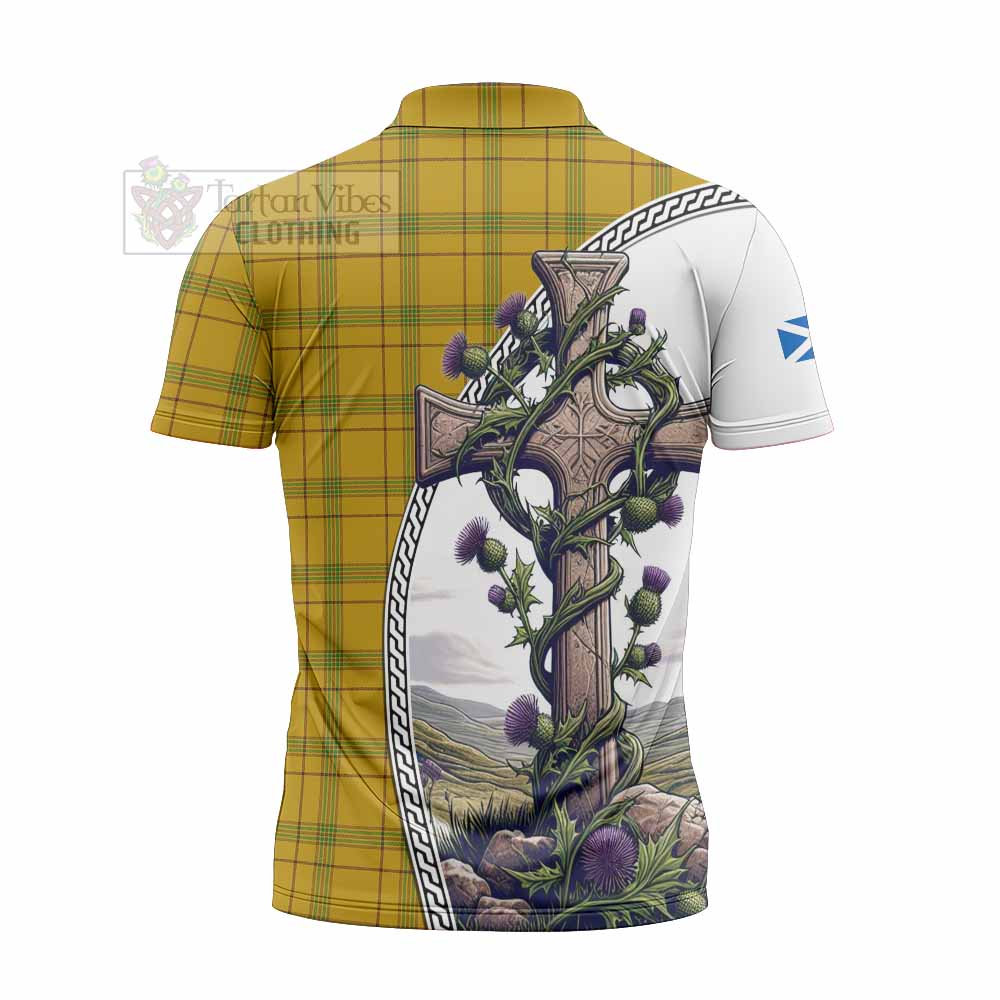 Tartan Vibes Clothing Houston Tartan Zipper Polo Shirt with Family Crest and St. Andrew's Cross Accented by Thistle Vines